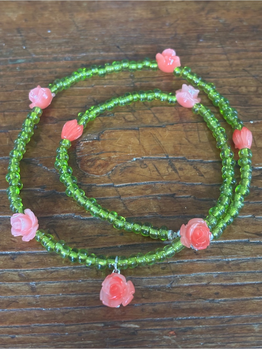 Handmade Green Beaded Bracelet with Pink Rose Charms